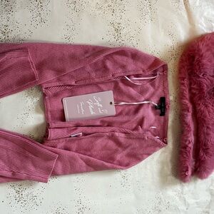 Pink Ribbed Cardigan with Faux Fur Trim